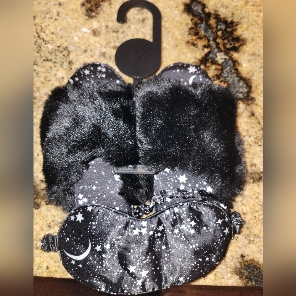 NWT INC Black Faux Fur slippers and matching sleep eye mask